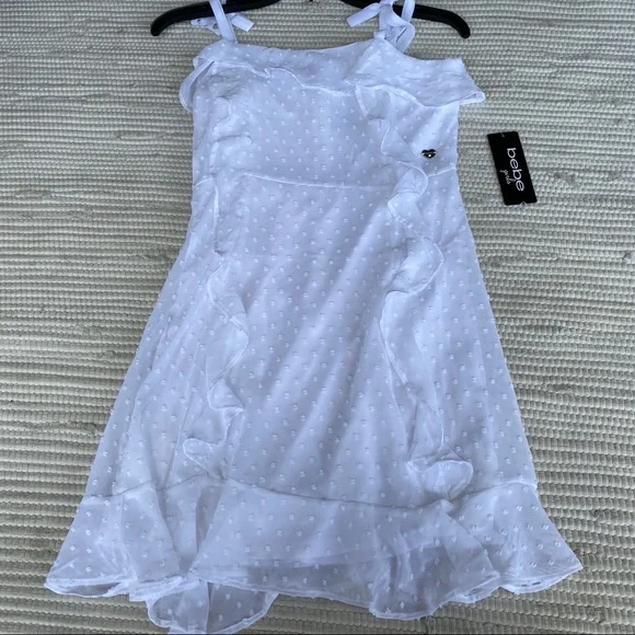 BEBE girls white chiffon w dots dress L/14 - Picture 1 of 11